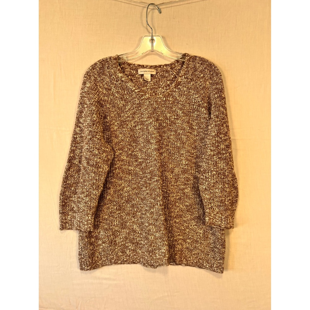 Christopher & Banks Brown White Marled Cotton V-Neck Sweater Size L 3/4 Sleeve